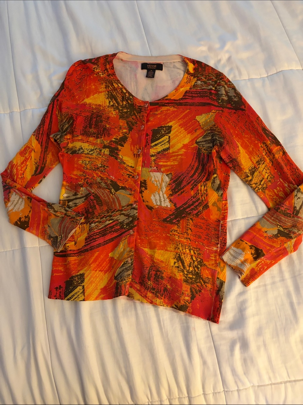 Vintage Victor Alfaro Orange/Brown Abstract Knit Cardigan Size M Silk Blend
